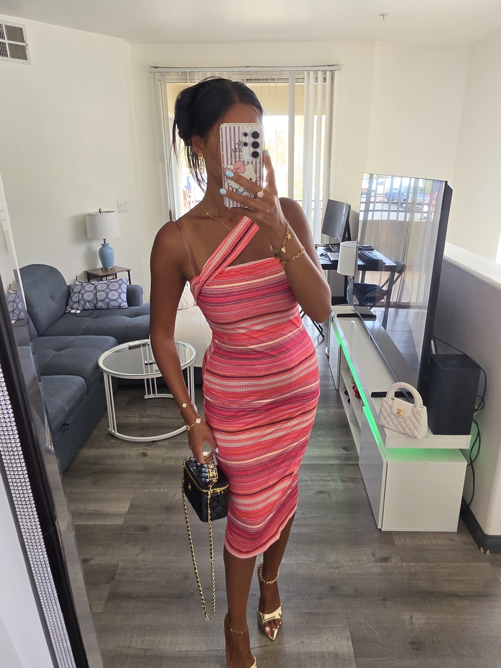 Women's Pink Striped One-Shoulder Bodycon Dress - Picture 3 of 17